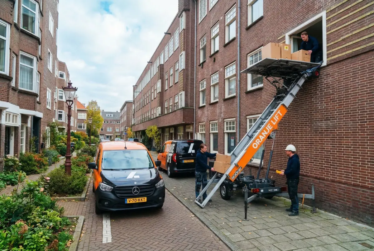 Aanhangerlift geplaatst in een smalle straat in Alkmaar